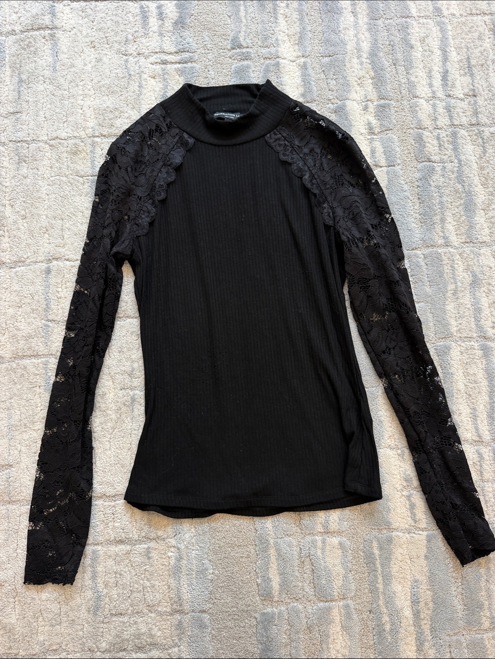 Generation Love Black Ribbed Lace-Sleeve Mock Neck Top